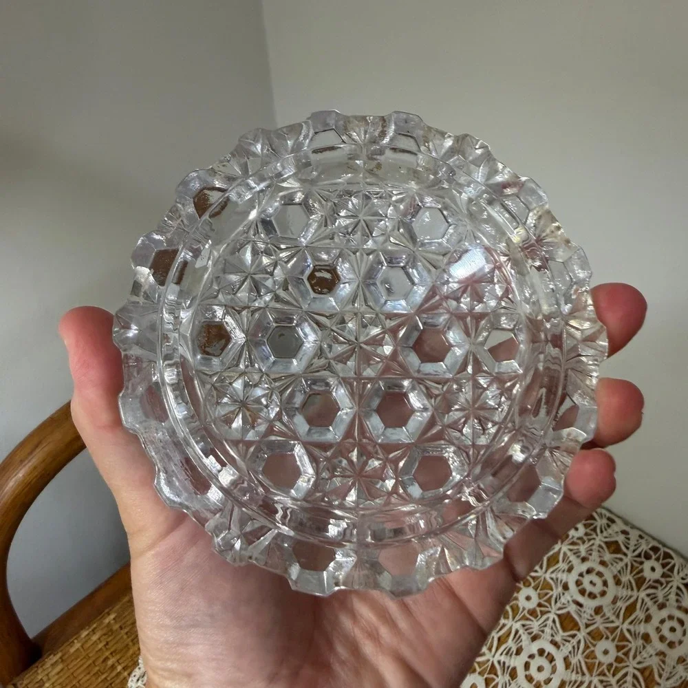 Vintage Glass Diamond Point Clear Covered Candy Dish Footed Oval 5in